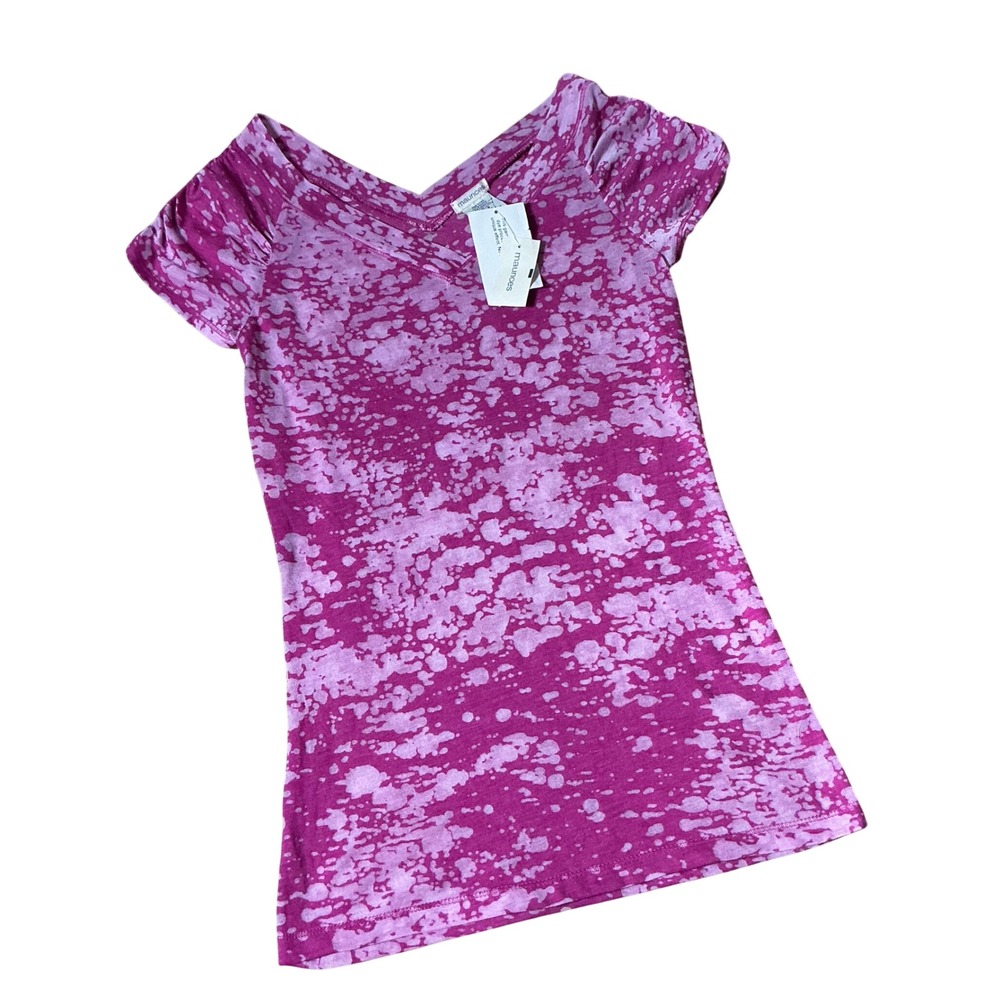 Maurices Y2K Burnout Acid Wash T-Shirt Women S Pink V-Neck Puff Sleeve Splatter
